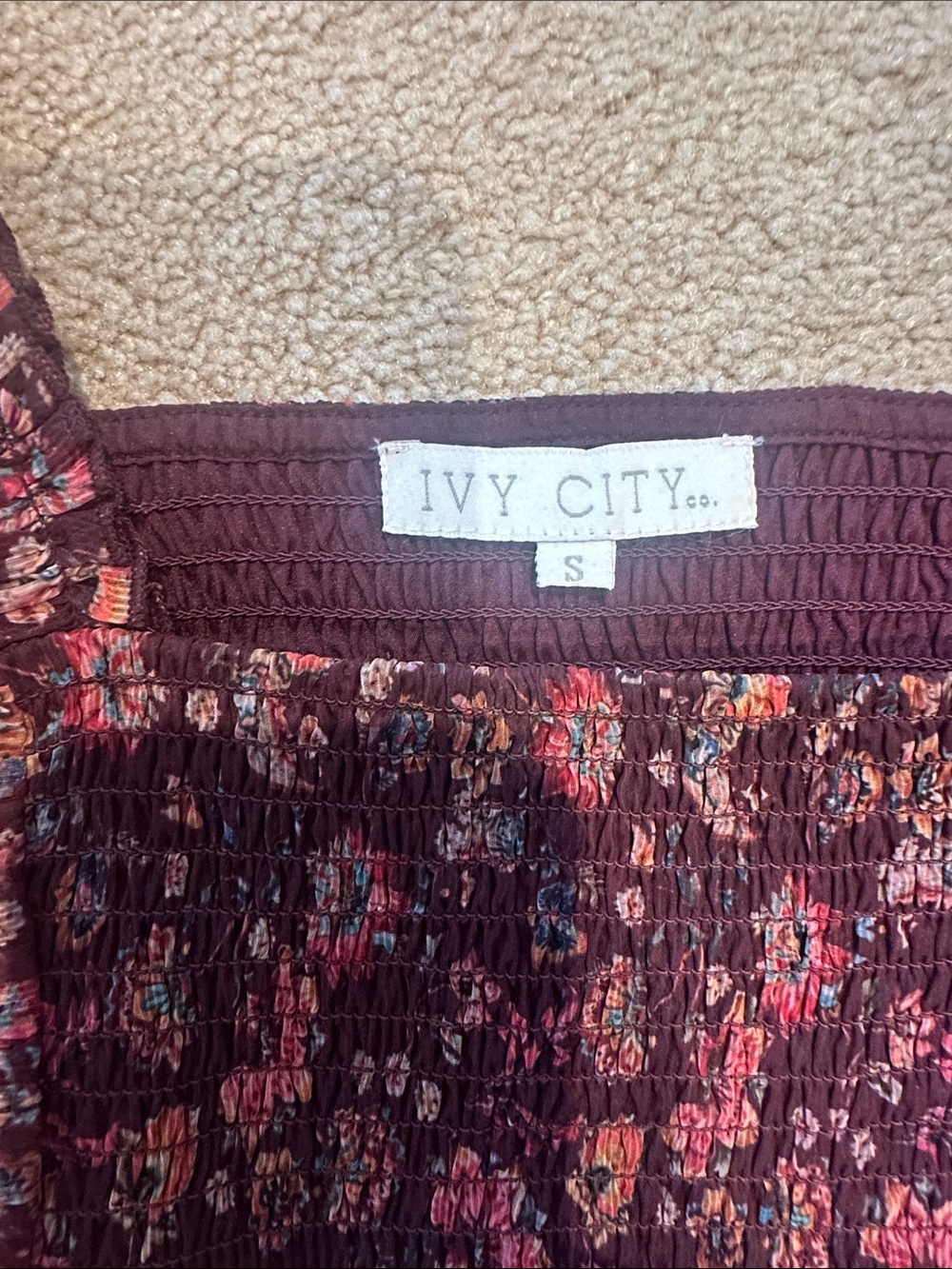 Ivy City Co Burgundy Floral Smocked Puff-Sleeve Blouse - Picture 3 of 5